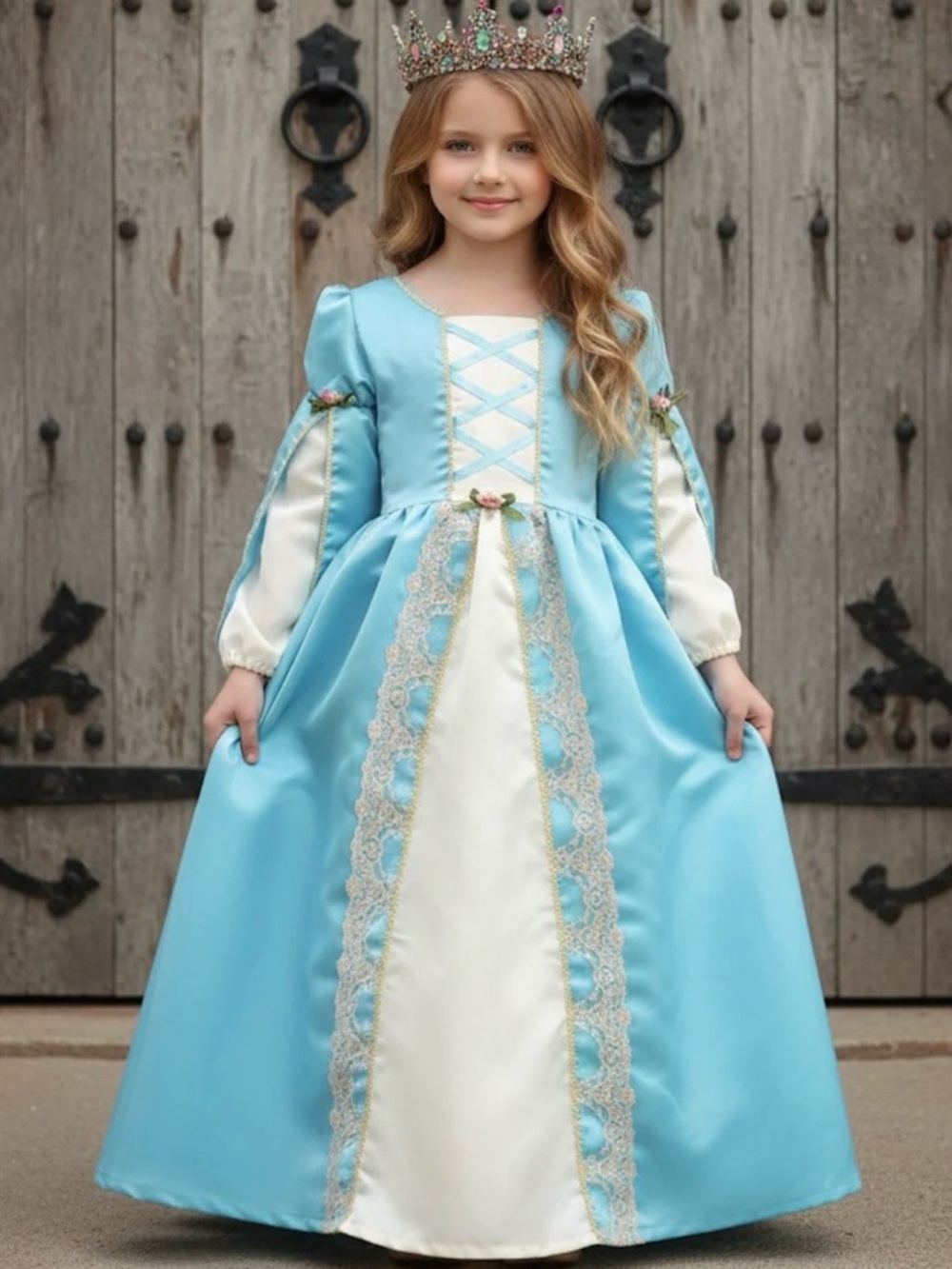 Trish Scully Child Princess Dress Size 4 Blue Lace Gold Trim Costume NWT